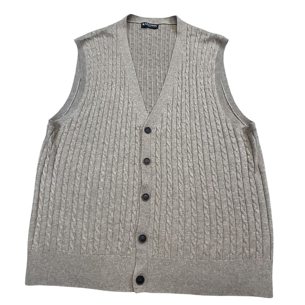 Kallspin Vest Mens 2XL Beige Cable Knit Collarless‎ Button Office Academia